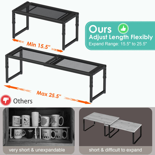 2 Pack Expandable Kitchen Cabinet Shelf Organizer, 15.5"-25.5" Long Adjustable Storage Shelves Organizers for Kitchen Countertop Pantry Cupboard Table Desk Counter, Stackable, 30LBS Load Capacity