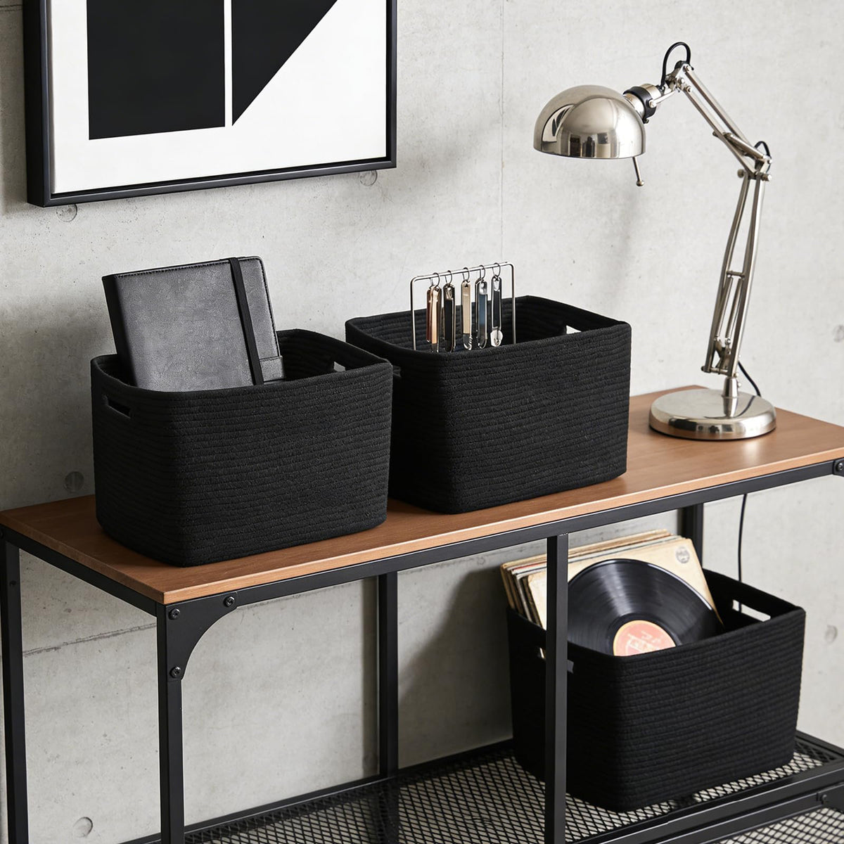 Woven Cotton Rope Storage Baskets with Handles for Shelves