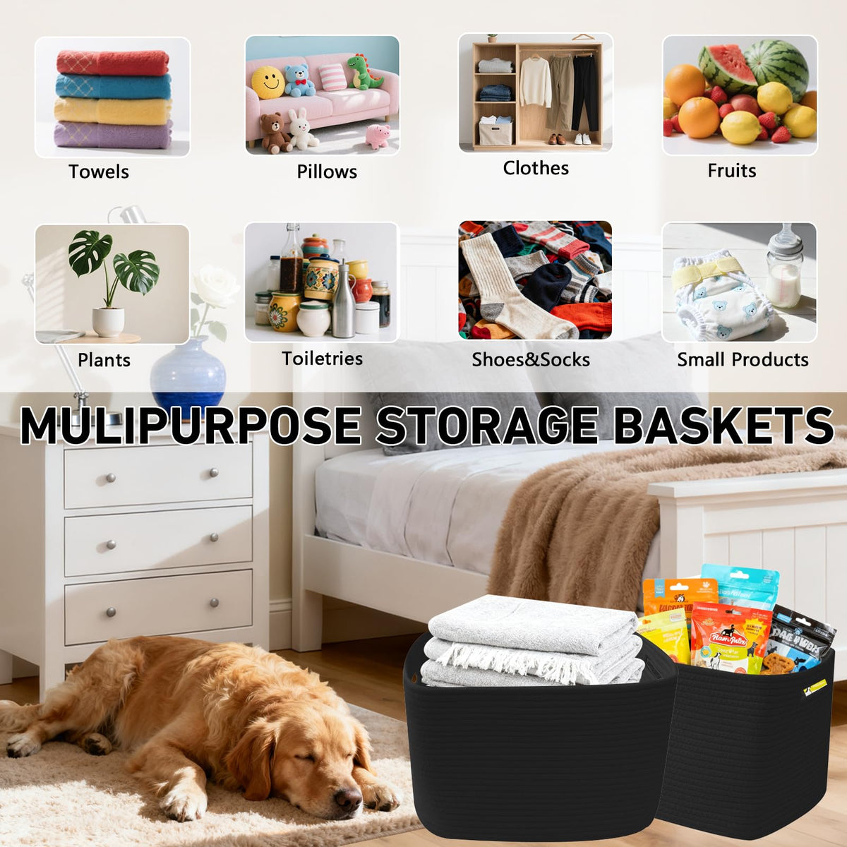 Woven Cotton Rope Storage Baskets with Handles for Shelves