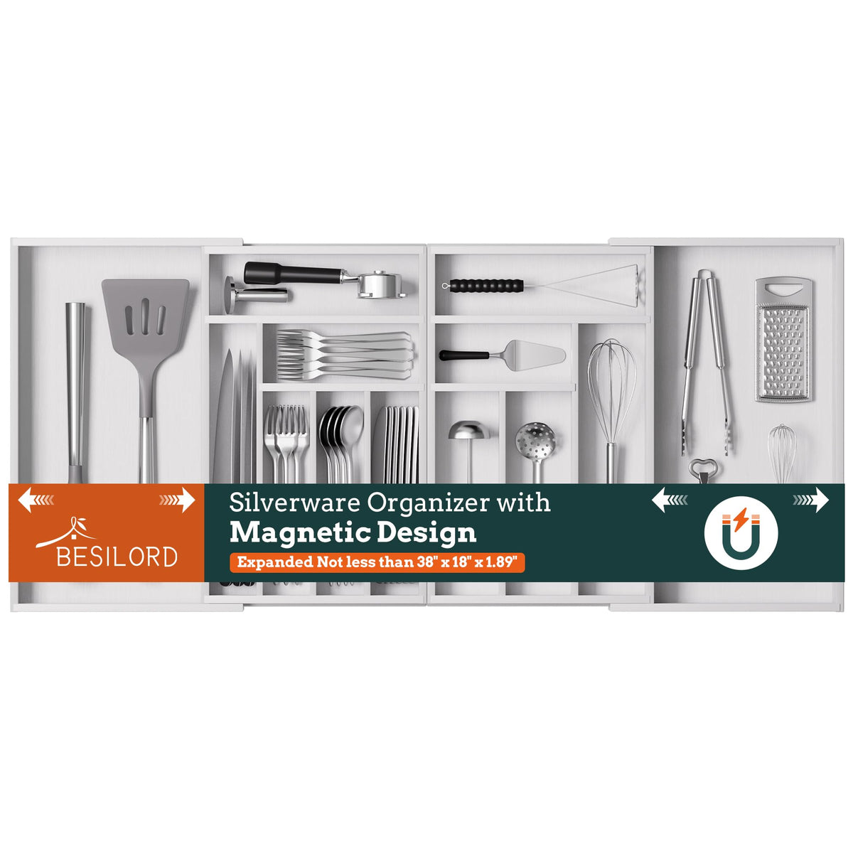 Silverware Organizer Large, Expandable 7 Slots Silverware Drawer Organizer Adjustable Flatware and Cutlery Holder, Bamboo Utensil Tray for Kitchen