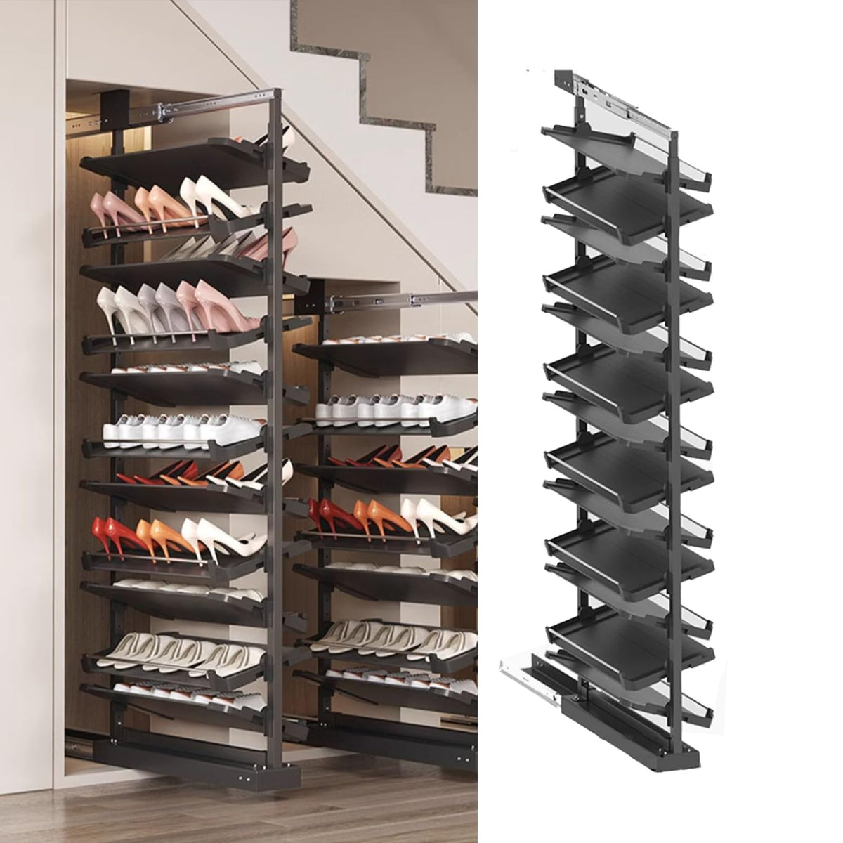 Adjustable Pull-Out Shoe Rack Organizer for Closet – Retractable Metal Stackable Storage Solution, Vertical Shelf Organizer for Small Bedrooms, Space-Saving Design