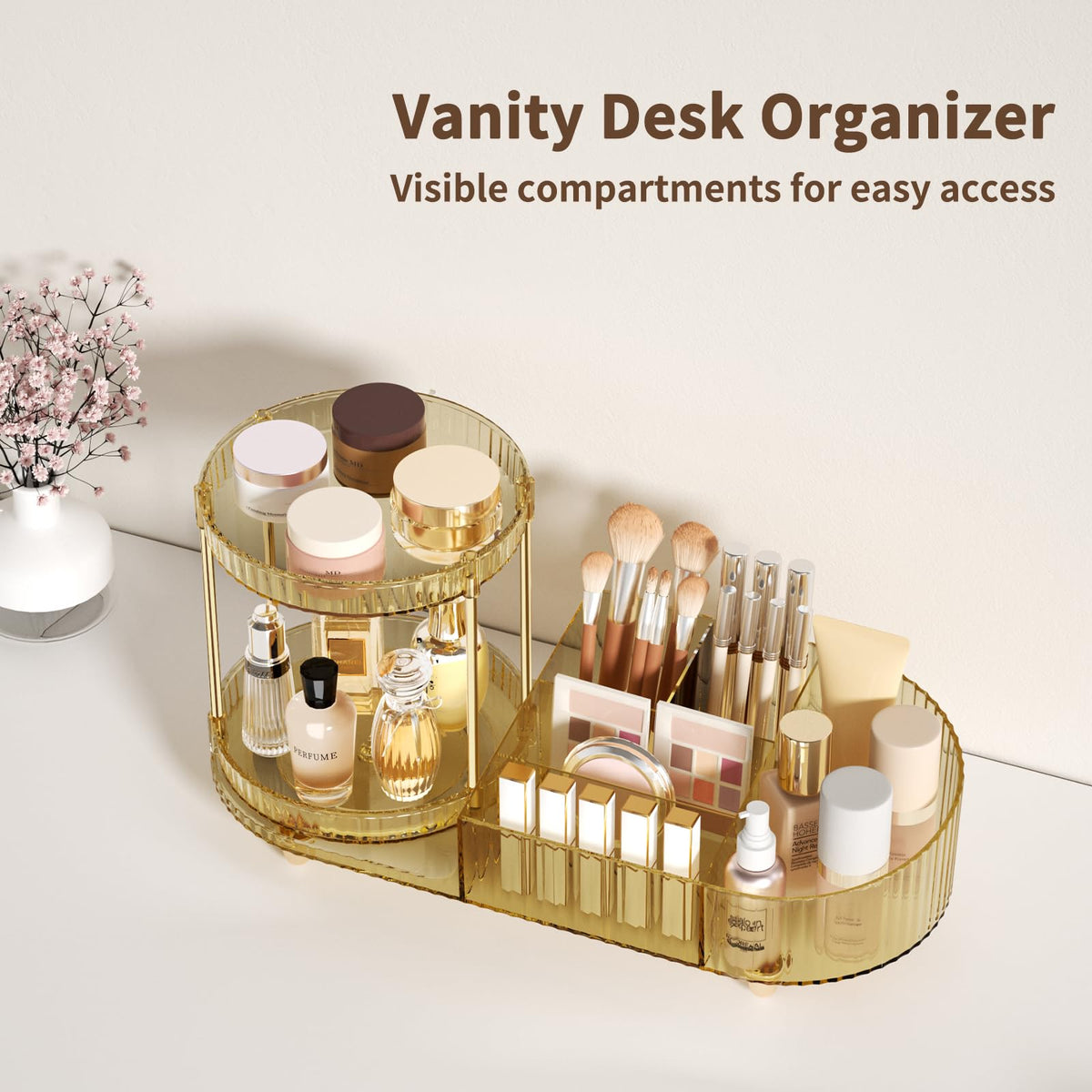 Rotating Vanity Makeup Organizer with Tiered Trays