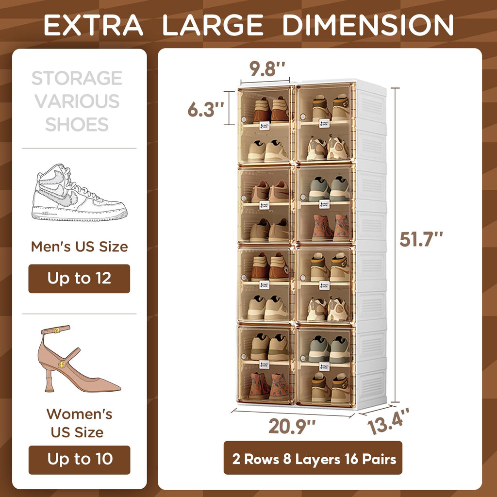 5sssallefaa Collapsible Shoe Storage Organizer with Wheels for Closet,Stackable Shoe Organizer for Entryway,Shoe Rack with Magnetic Clear Door 2 Rows 10 Layers (Brown + White 2 Rows 8 Layers)