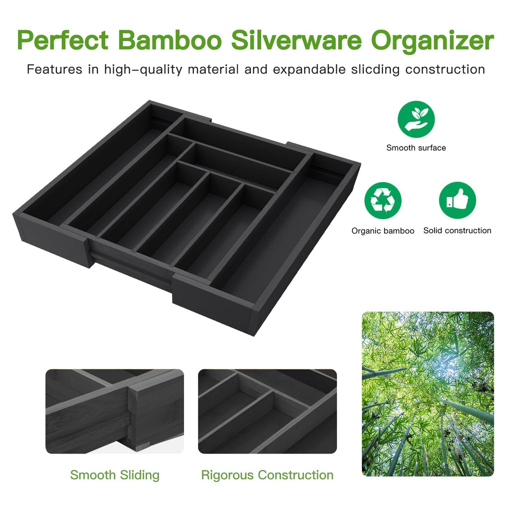 Pipishell Bamboo Silverware Organizer, Expandable Cutlery Tray