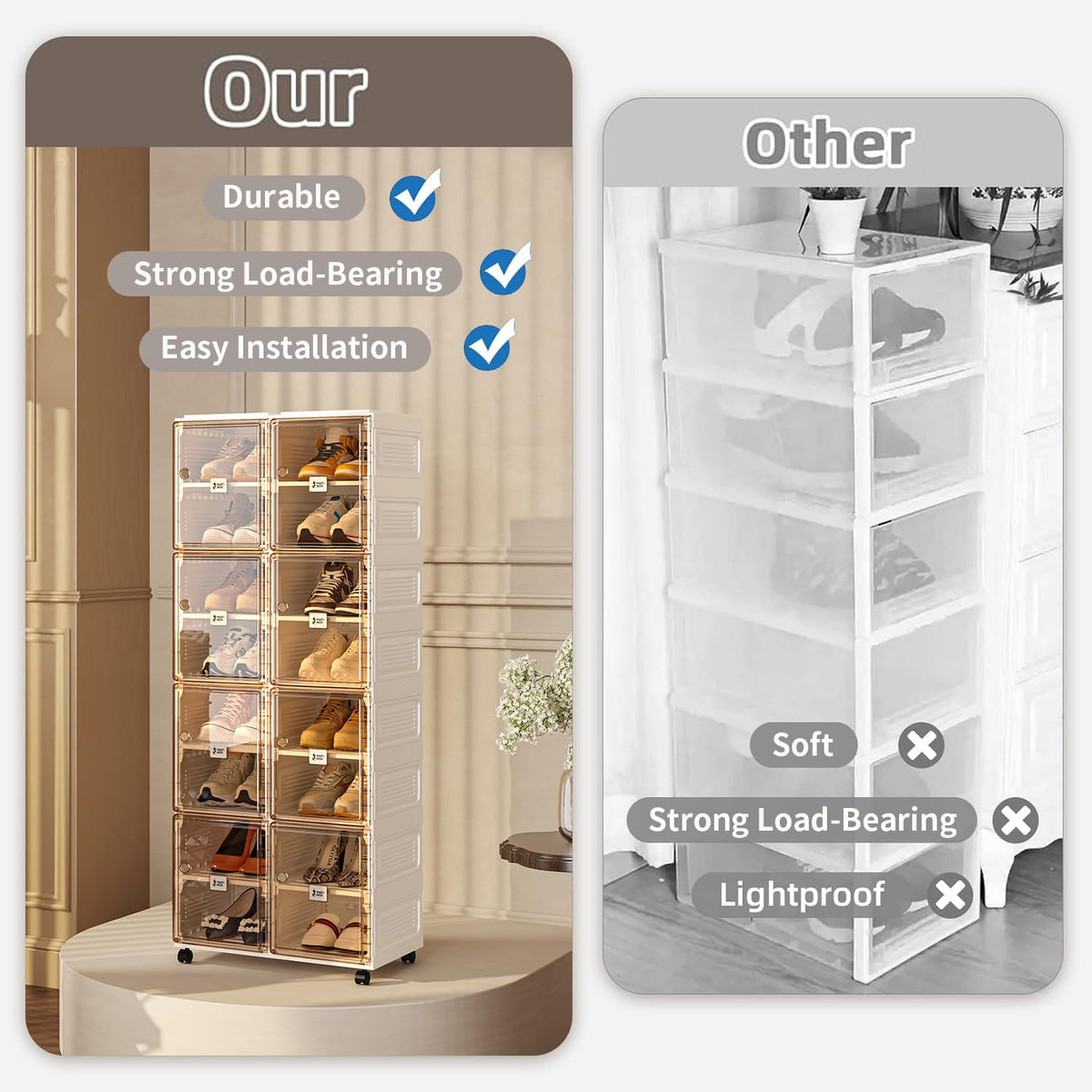5sssallefaa Collapsible Shoe Storage Organizer with Wheels for Closet,Stackable Shoe Organizer for Entryway,Shoe Rack with Magnetic Clear Door 2 Rows 10 Layers (Brown + White 2 Rows 8 Layers)