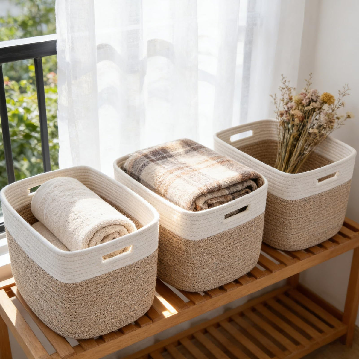 Woven Cotton Rope Storage Baskets with Handles for Shelves