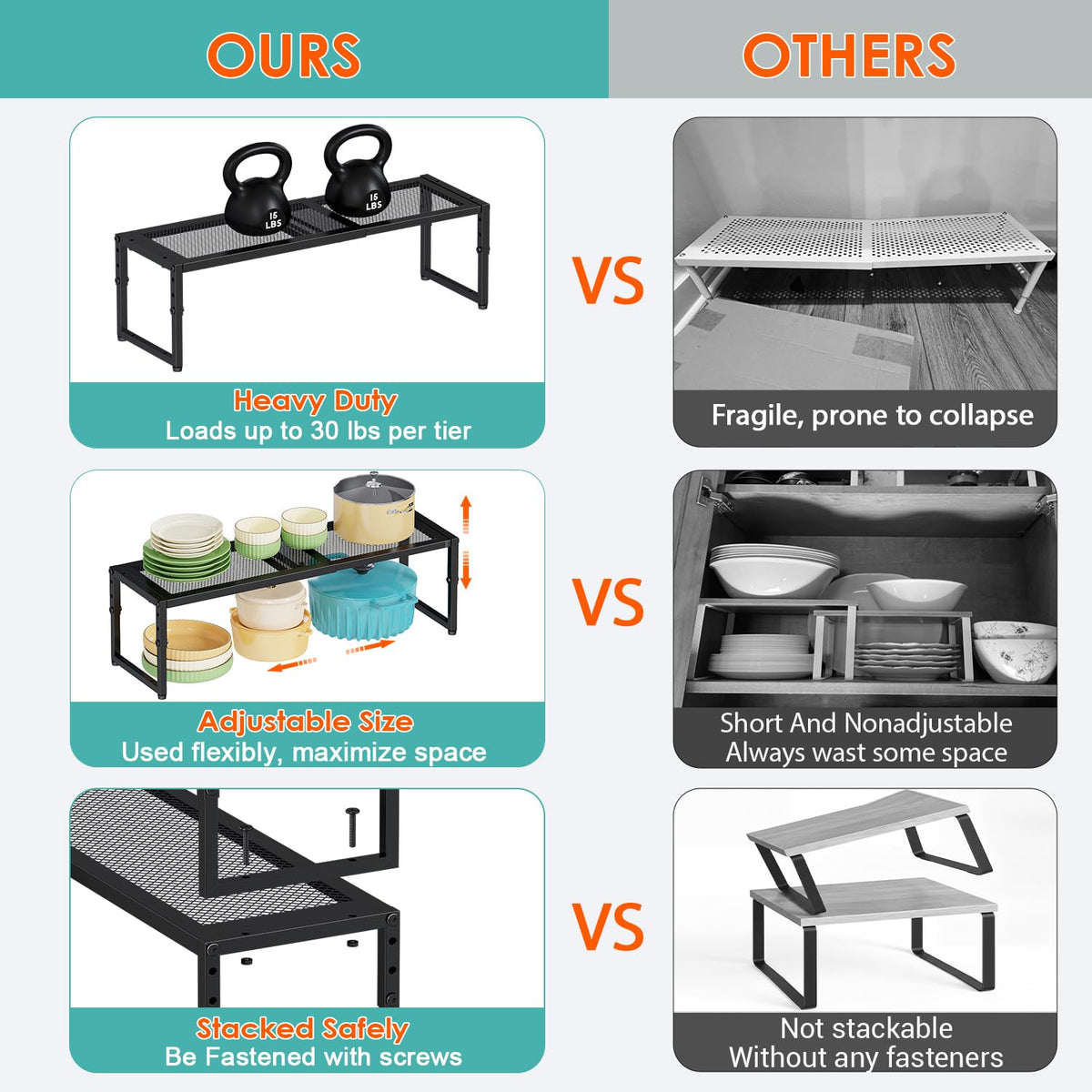 2 Pack Expandable Kitchen Cabinet Shelf Organizer, 15.5"-25.5" Long Adjustable Storage Shelves Organizers for Kitchen Countertop Pantry Cupboard Table Desk Counter, Stackable, 30LBS Load Capacity