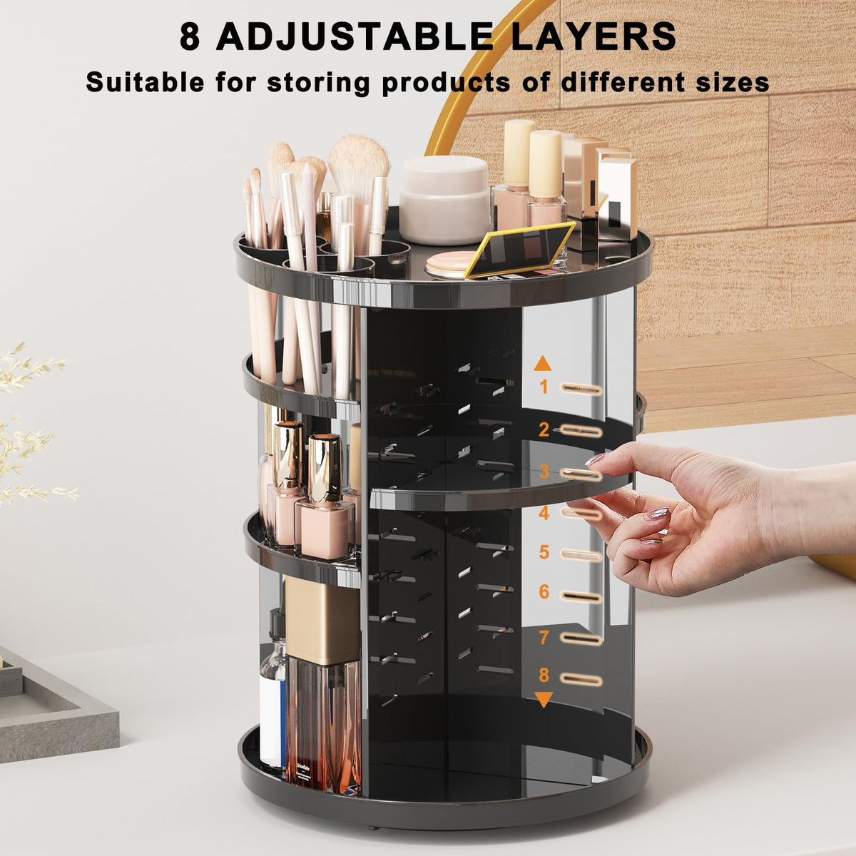 8-Tier Rotating Makeup & Skincare Organizer with Brush Holder