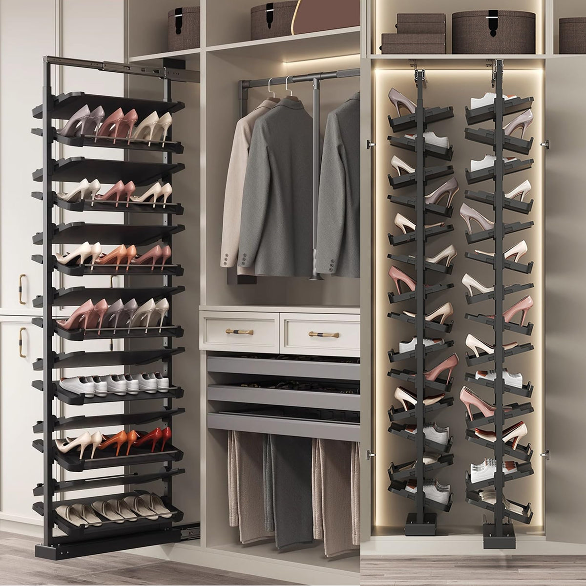 Adjustable Pull-Out Shoe Rack Organizer for Closet – Retractable Metal Stackable Storage Solution, Vertical Shelf Organizer for Small Bedrooms, Space-Saving Design