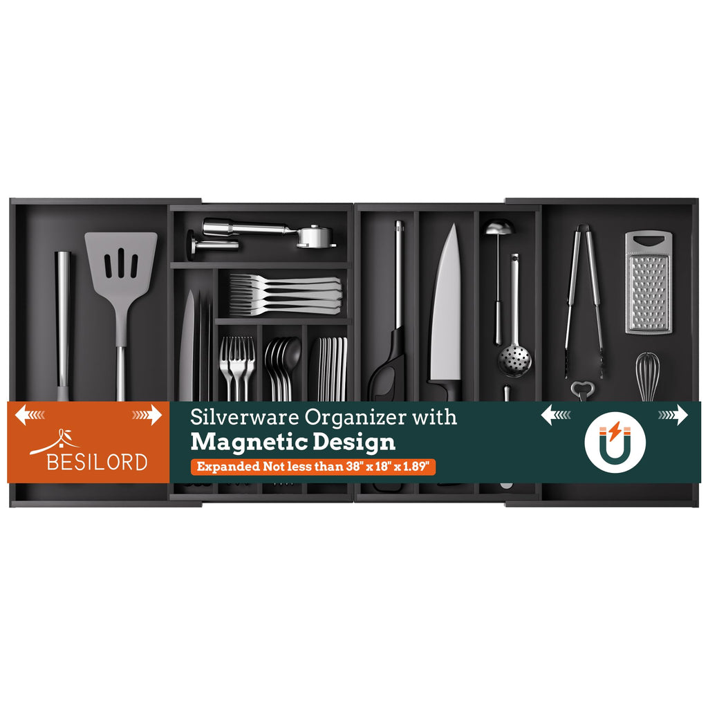 Silverware Organizer Large, Expandable 7 Slots Silverware Drawer Organizer Adjustable Flatware and Cutlery Holder, Bamboo Utensil Tray for Kitchen