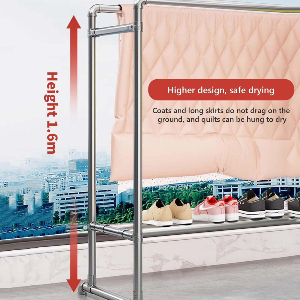 Adjustable Heavy-Duty Clothes Drying Rack with Shoe Shelf