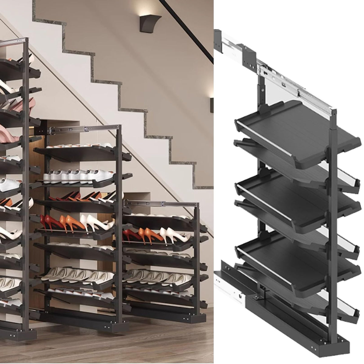 Adjustable Pull-Out Shoe Rack Organizer for Closet – Retractable Metal Stackable Storage Solution, Vertical Shelf Organizer for Small Bedrooms, Space-Saving Design