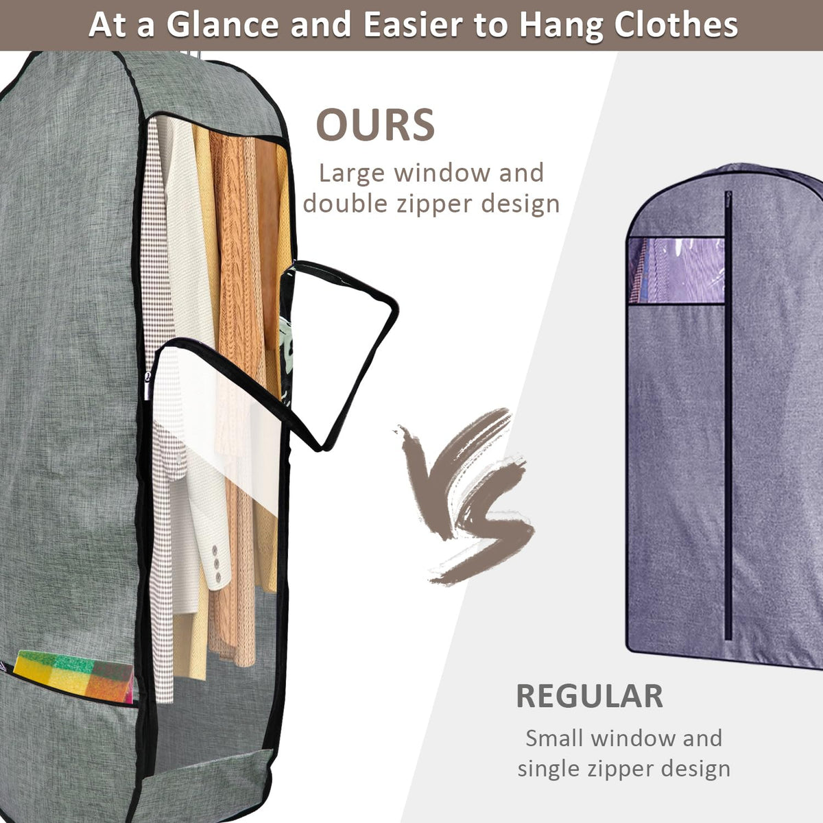 Garment Bags for Hanging Clothes,Chakera Large Breathable Garment Bag for Closet Storage with 10”Gusseted,Clear Clothing Storage Garment Cover for Dress Sweater with Double Zipper,Grey