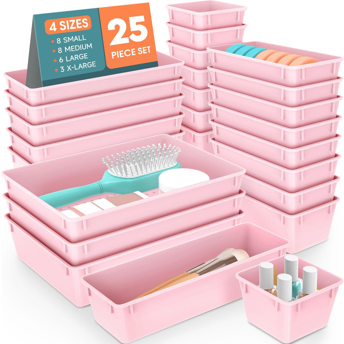 25-Piece Clear Plastic Drawer Organizer Tray Set