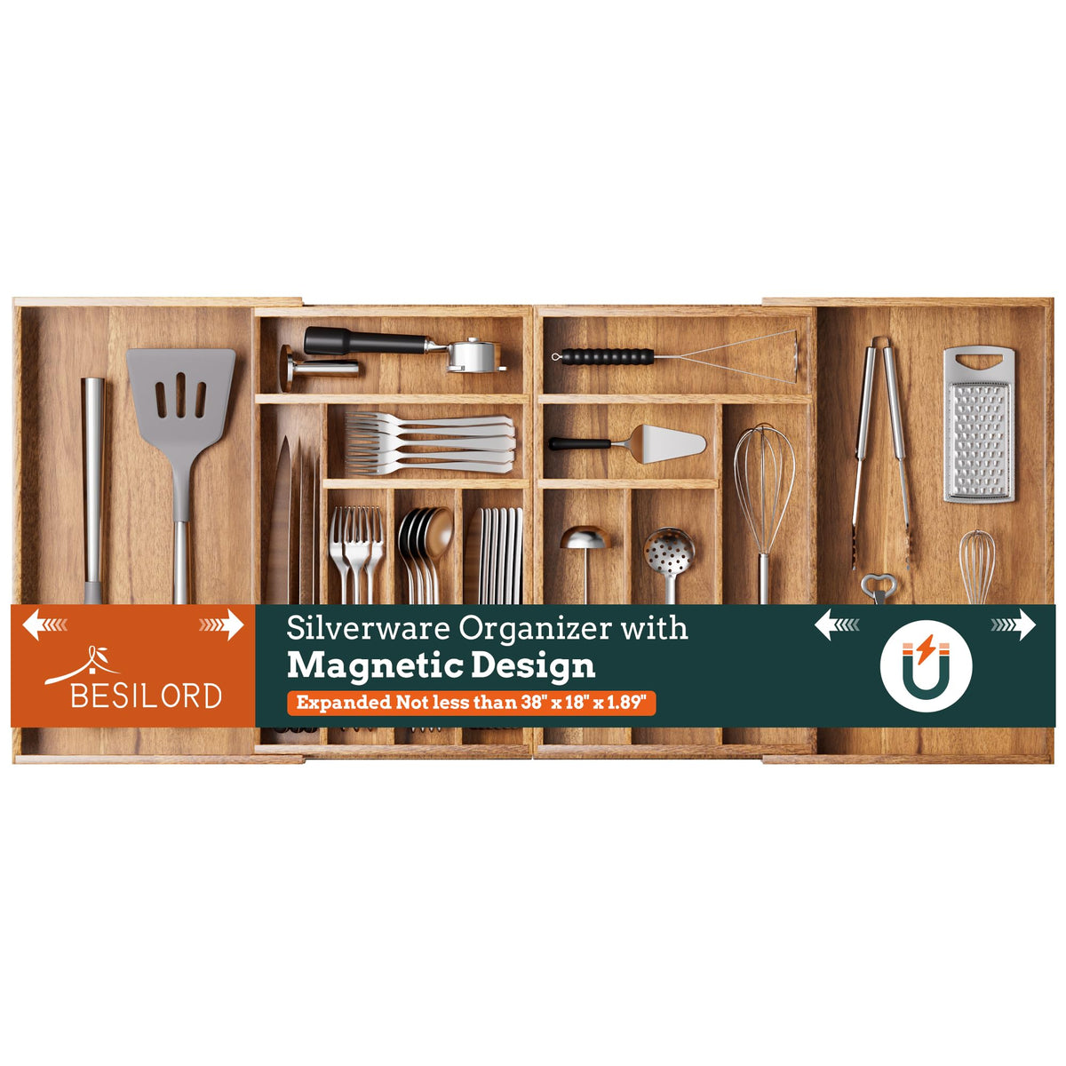 Silverware Organizer Large, Expandable 7 Slots Silverware Drawer Organizer Adjustable Flatware and Cutlery Holder, Bamboo Utensil Tray for Kitchen