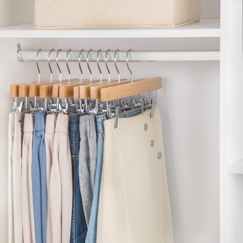 10-Pack Solid Wood Pants & Skirt Hangers with Clips