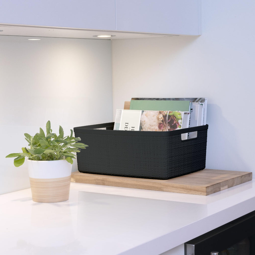 Curver Jute Decorative Plastic Organization and Storage Basket Perfect Bins for Home Office, Closet Shelves, Kitchen Pantry and All Bedroom Essentials