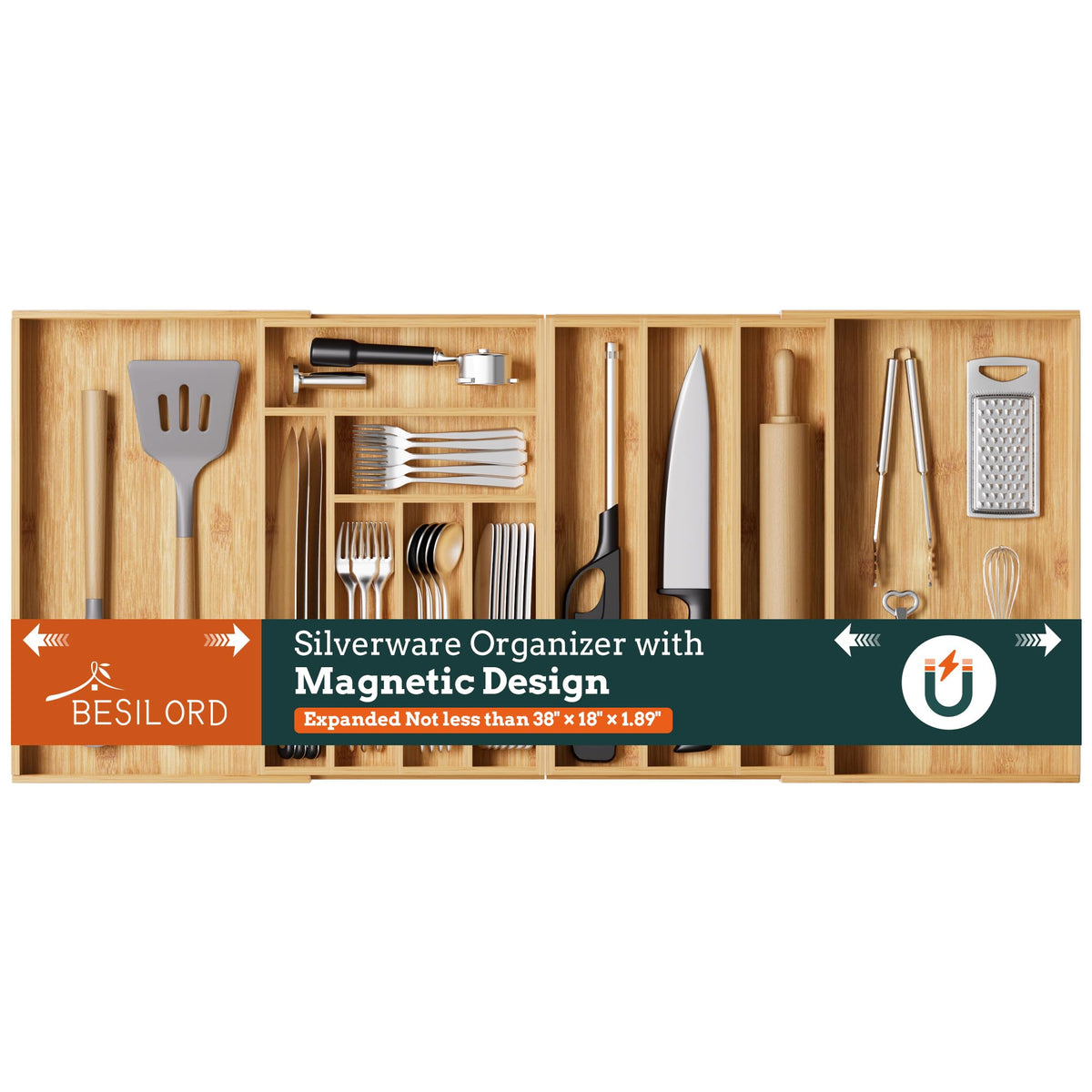 Silverware Organizer Large, Expandable 7 Slots Silverware Drawer Organizer Adjustable Flatware and Cutlery Holder, Bamboo Utensil Tray for Kitchen