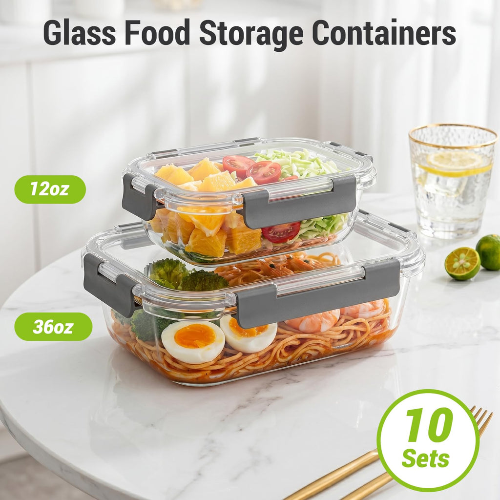 Dealusy 10 Sets 36 oz & 12 oz Glass Food Storage Containers with lids