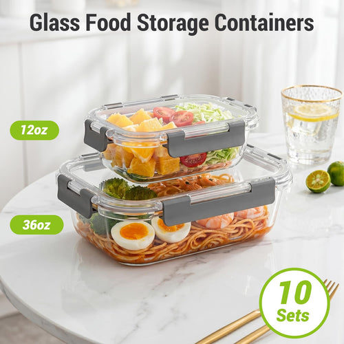 10-Set Glass Food Storage Containers with Lids, 36 & 12 oz