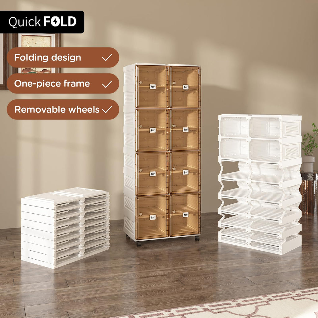5sssallefaa Collapsible Shoe Storage Organizer with Wheels for Closet,Stackable Shoe Organizer for Entryway,Shoe Rack with Magnetic Clear Door 2 Rows 10 Layers (Brown + White 2 Rows 8 Layers)