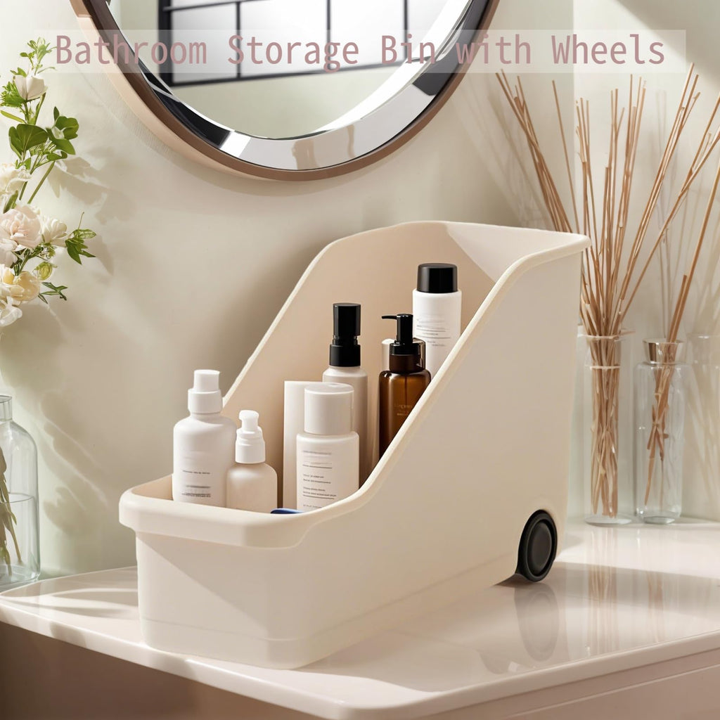 Multi-Use Pull-Out Cabinet Bin with Rolling Wheels Under Sink Storage Basket for Kitchen & Bathroom Perfect for Pantry & High Cabinets (Small Size)