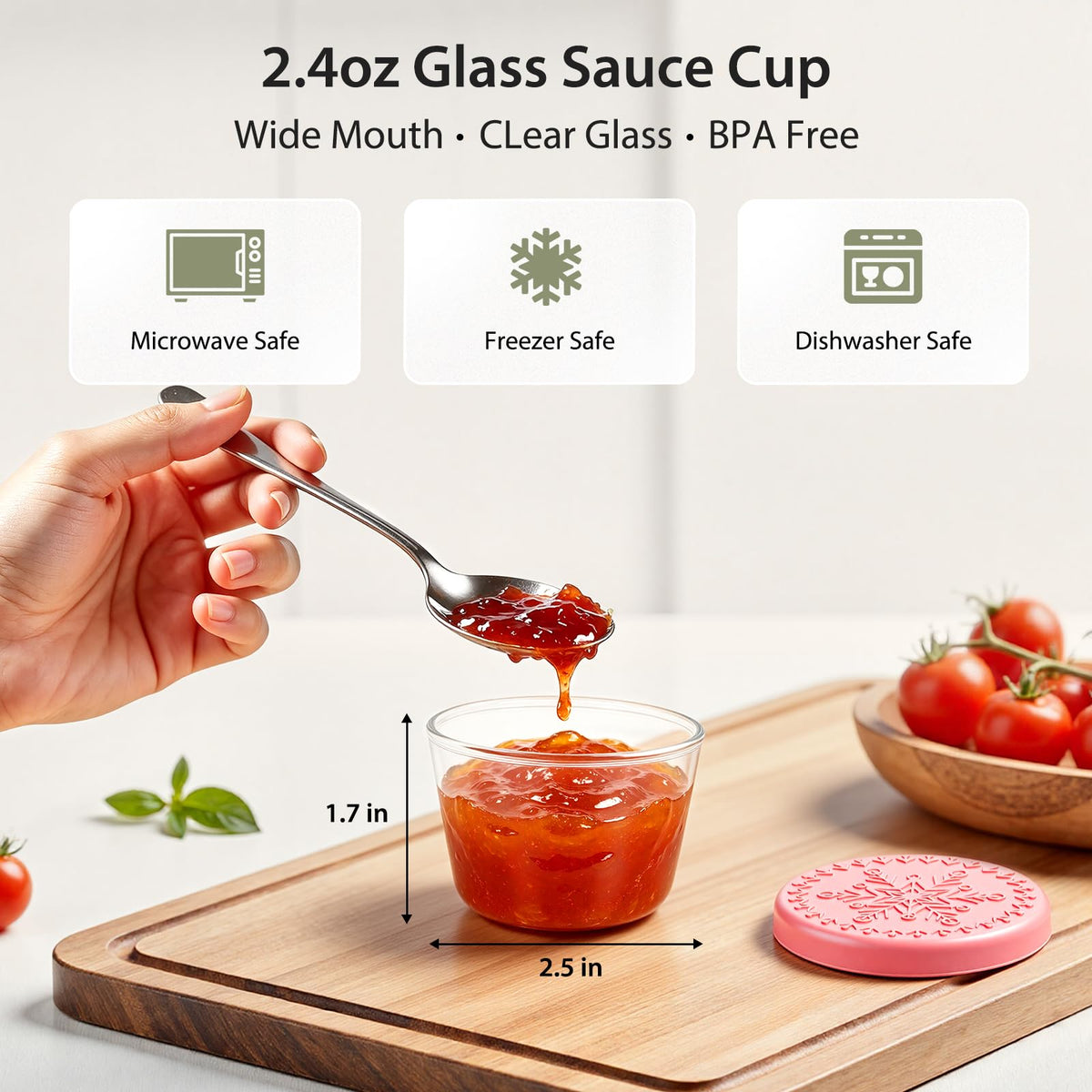 6 Pack Salad Dressing Container, 2.4 oz Glass Dipping Sauce Cups with Lids