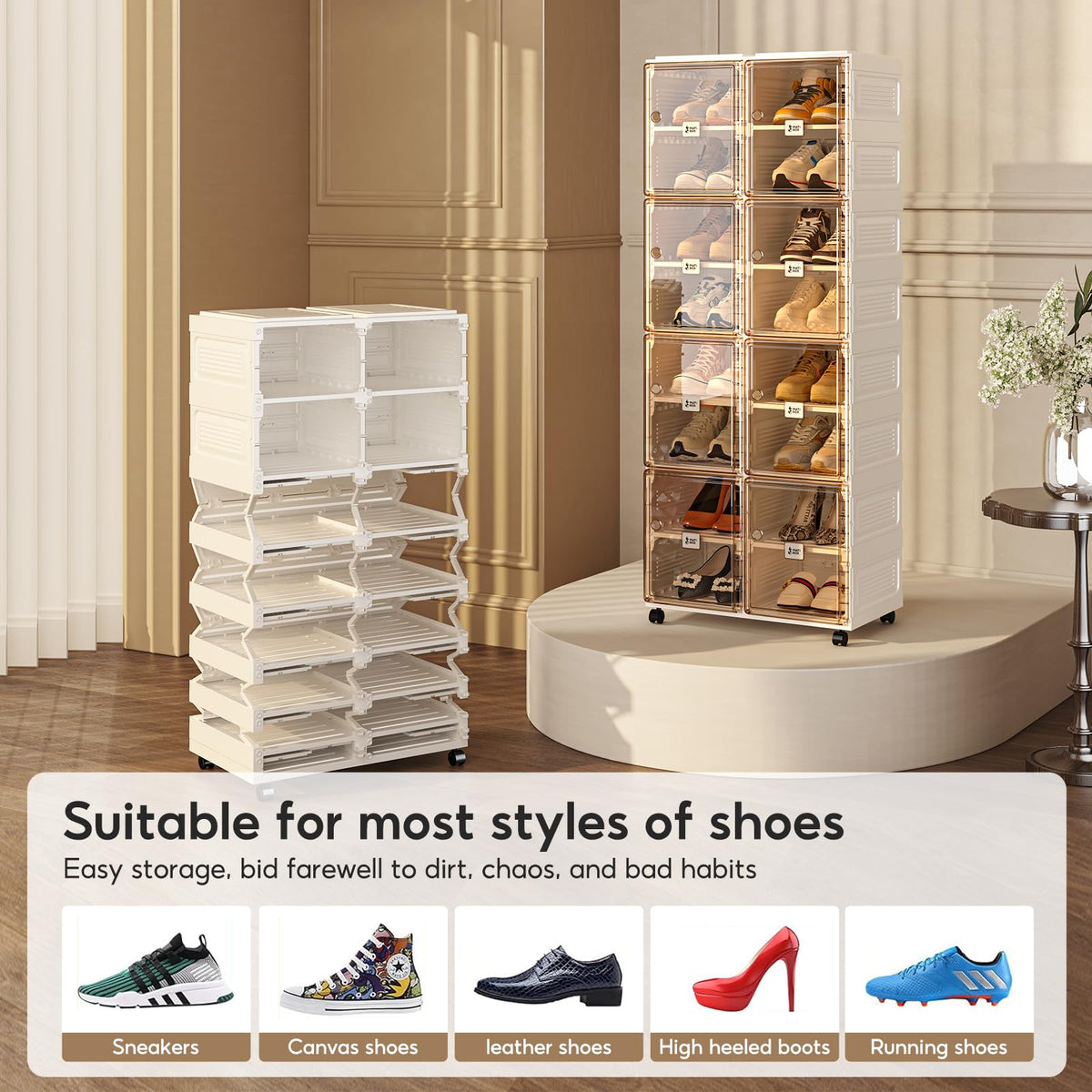 5sssallefaa Collapsible Shoe Storage Organizer with Wheels for Closet,Stackable Shoe Organizer for Entryway,Shoe Rack with Magnetic Clear Door 2 Rows 10 Layers (Brown + White 2 Rows 8 Layers)