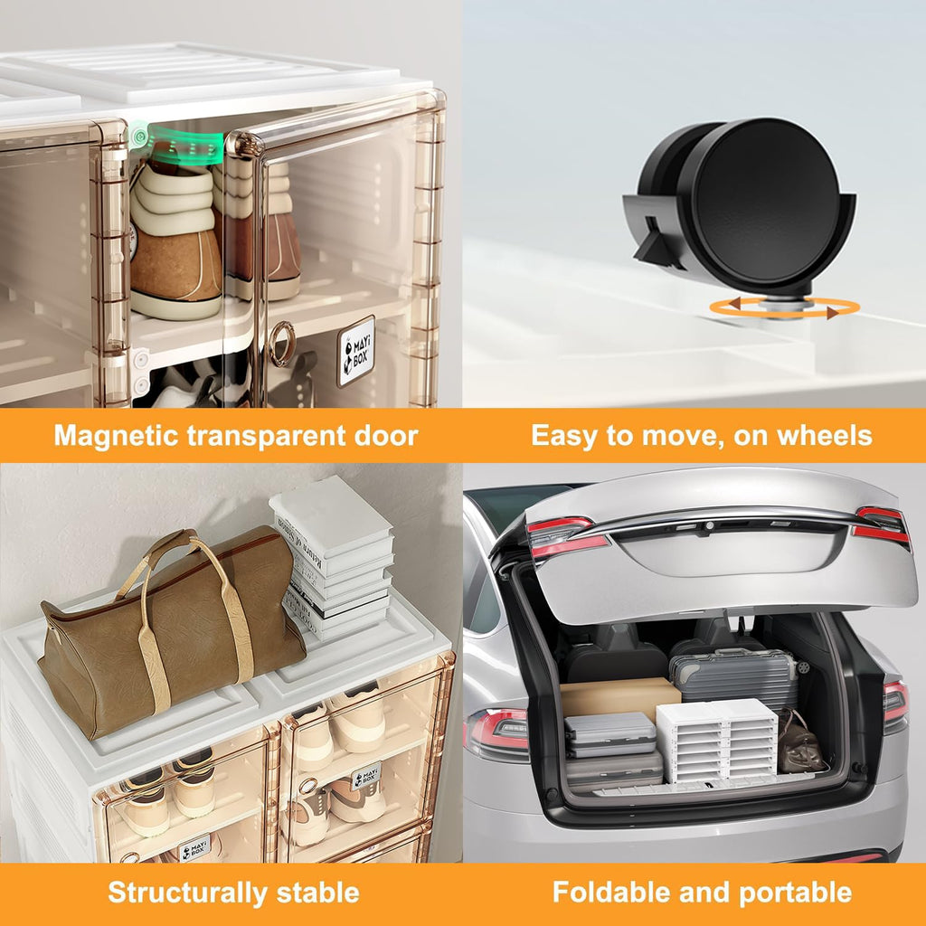 5sssallefaa Collapsible Shoe Storage Organizer with Wheels for Closet,Stackable Shoe Organizer for Entryway,Shoe Rack with Magnetic Clear Door 2 Rows 10 Layers (Brown + White 2 Rows 8 Layers)