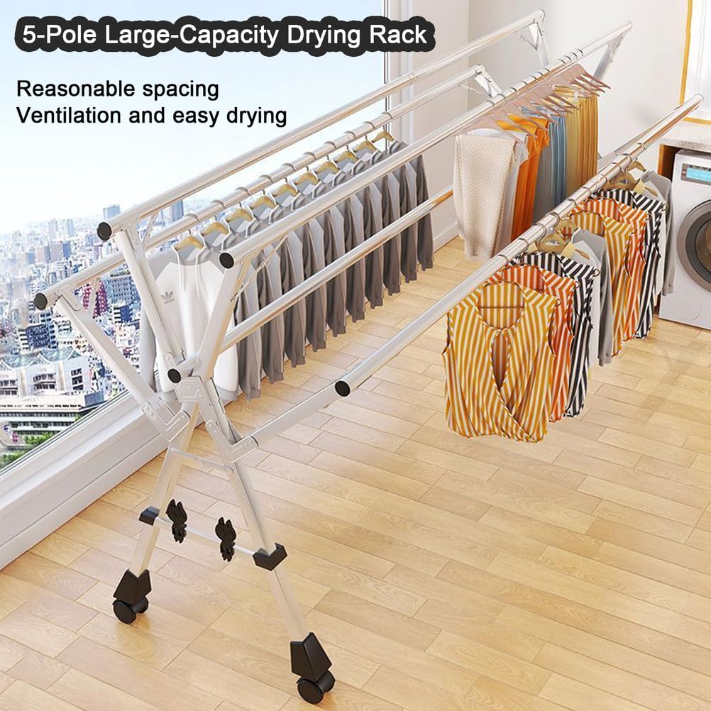 Foldable Stainless Steel Drying Rack with Wheels & Shoe Shelf