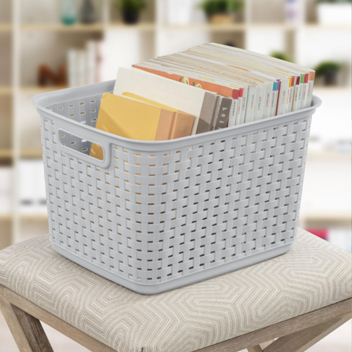 Tall Woven Plastic Storage Basket with Handles - Gray