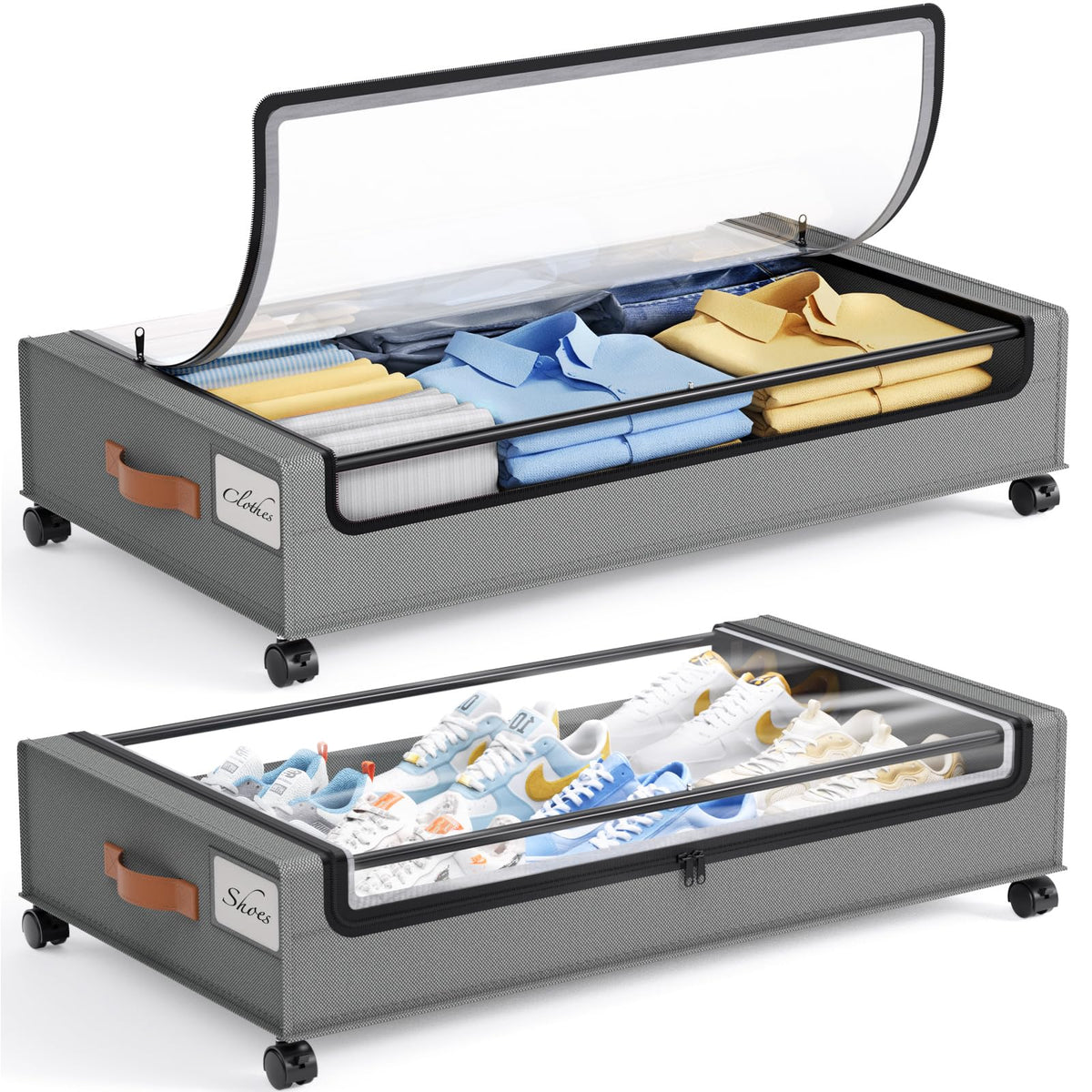 Yecaye Under Bed Storage with Wheels, Large Capacity Under Bed Storage Containers with Metal Frame & Clear Lid, Rolling Underbed Organizer Bins Drawers for Clothes, Shoes, Blankets