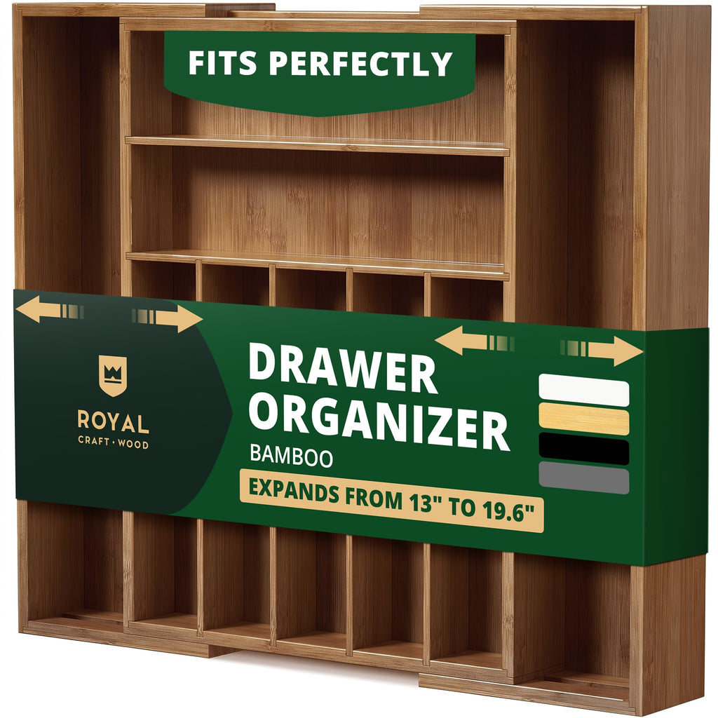 ROYAL CRAFT WOOD Luxury Bamboo Kitchen Drawer Organizer - Silverware Organizer - Utensil Holder and Cutlery Tray with Grooved Drawer Dividers for Flatware and Kitchen Utensils