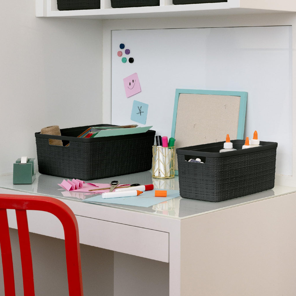 Curver Jute Decorative Plastic Organization and Storage Basket Perfect Bins for Home Office, Closet Shelves, Kitchen Pantry and All Bedroom Essentials