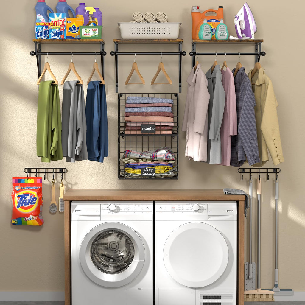 Wall-Mounted Laundry Shelves with Baskets & Drying Rack
