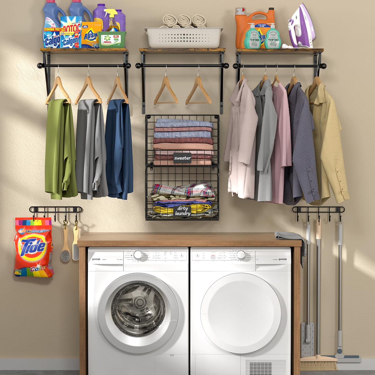 Wall-Mounted Laundry Shelves with Baskets & Drying Rack