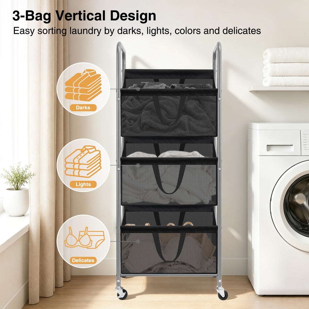 3-Tier Vertical Rolling Laundry Hamper with Storage Bins