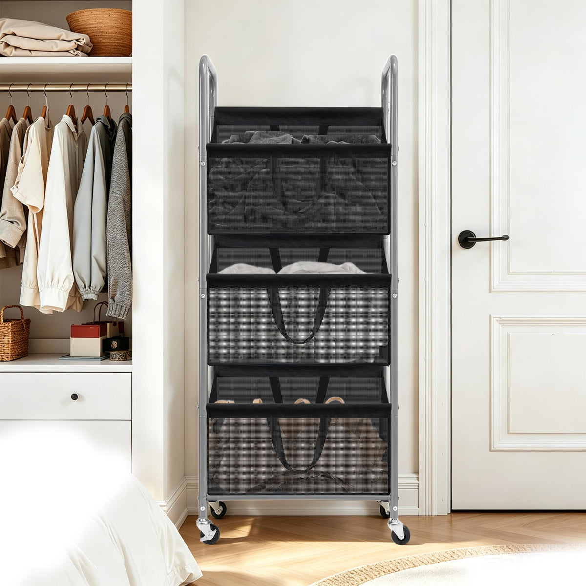 3-Tier Vertical Rolling Laundry Hamper with Storage Bins
