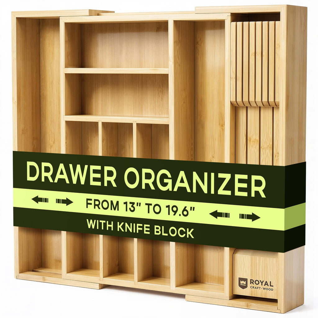 ROYAL CRAFT WOOD Luxury Bamboo Kitchen Drawer Organizer - Silverware Organizer - Utensil Holder and Cutlery Tray with Grooved Drawer Dividers for Flatware and Kitchen Utensils