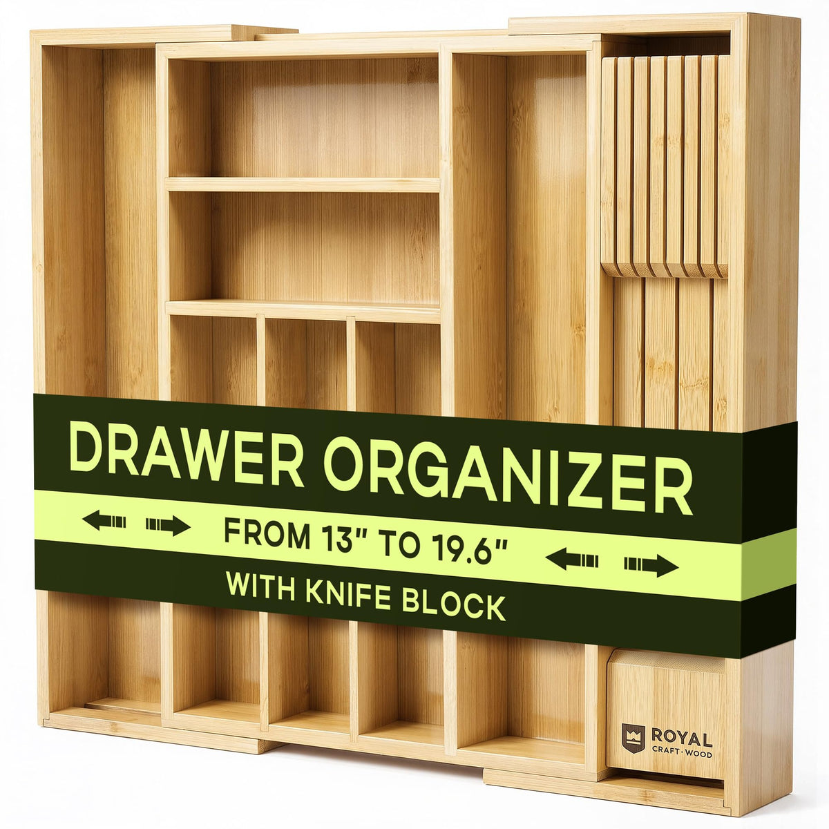 ROYAL CRAFT WOOD Luxury Bamboo Kitchen Drawer Organizer - Silverware Organizer - Utensil Holder and Cutlery Tray with Grooved Drawer Dividers for Flatware and Kitchen Utensils