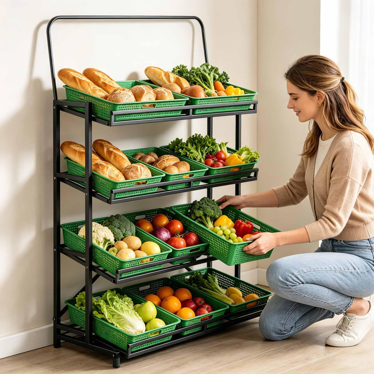 Dalumian Fruits & Vegetables Shelf, 4 Tier Metal Pantry Storage Organizer, Pantry Storage Organizer with 10 Removable Baskets for Snacks/Fruits/Tools (47.24 * 23.62 * 66.93in)