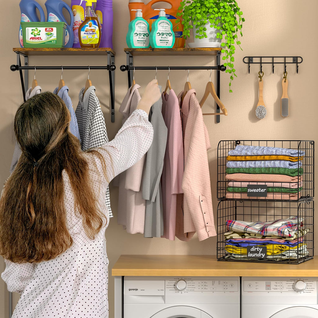 Wall-Mounted Laundry Shelves with Baskets & Drying Rack