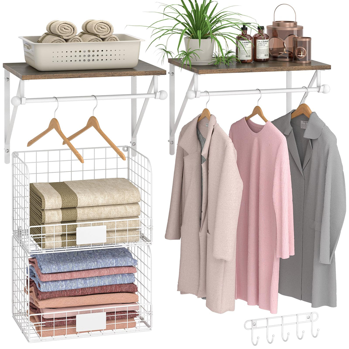Wall-Mounted Laundry Shelves with Baskets & Drying Rack