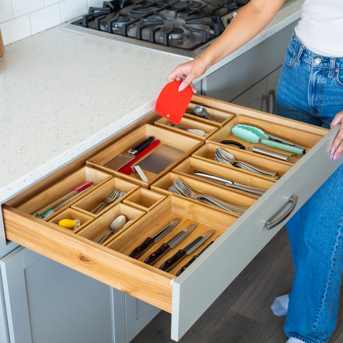 Grow Forward Bamboo Drawer Organizer Boxes - Wooden Drawer Organizers for Kitchen, Bathroom, Office, Desk, Vanity, Makeup - Non-Slip Junk Drawer Organizer Trays for Storage and Organization