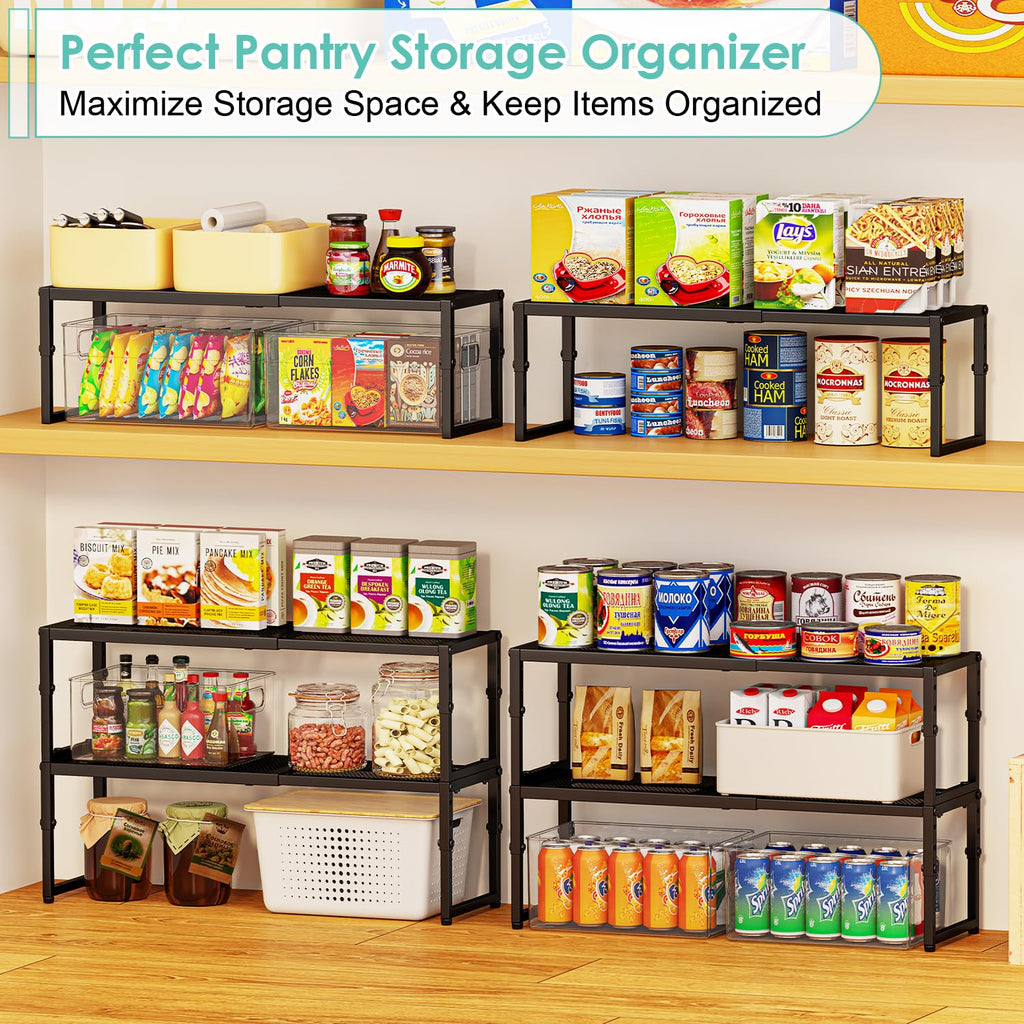 2 Pack Expandable Kitchen Cabinet Shelf Organizer, 15.5"-25.5" Long Adjustable Storage Shelves Organizers for Kitchen Countertop Pantry Cupboard Table Desk Counter, Stackable, 30LBS Load Capacity