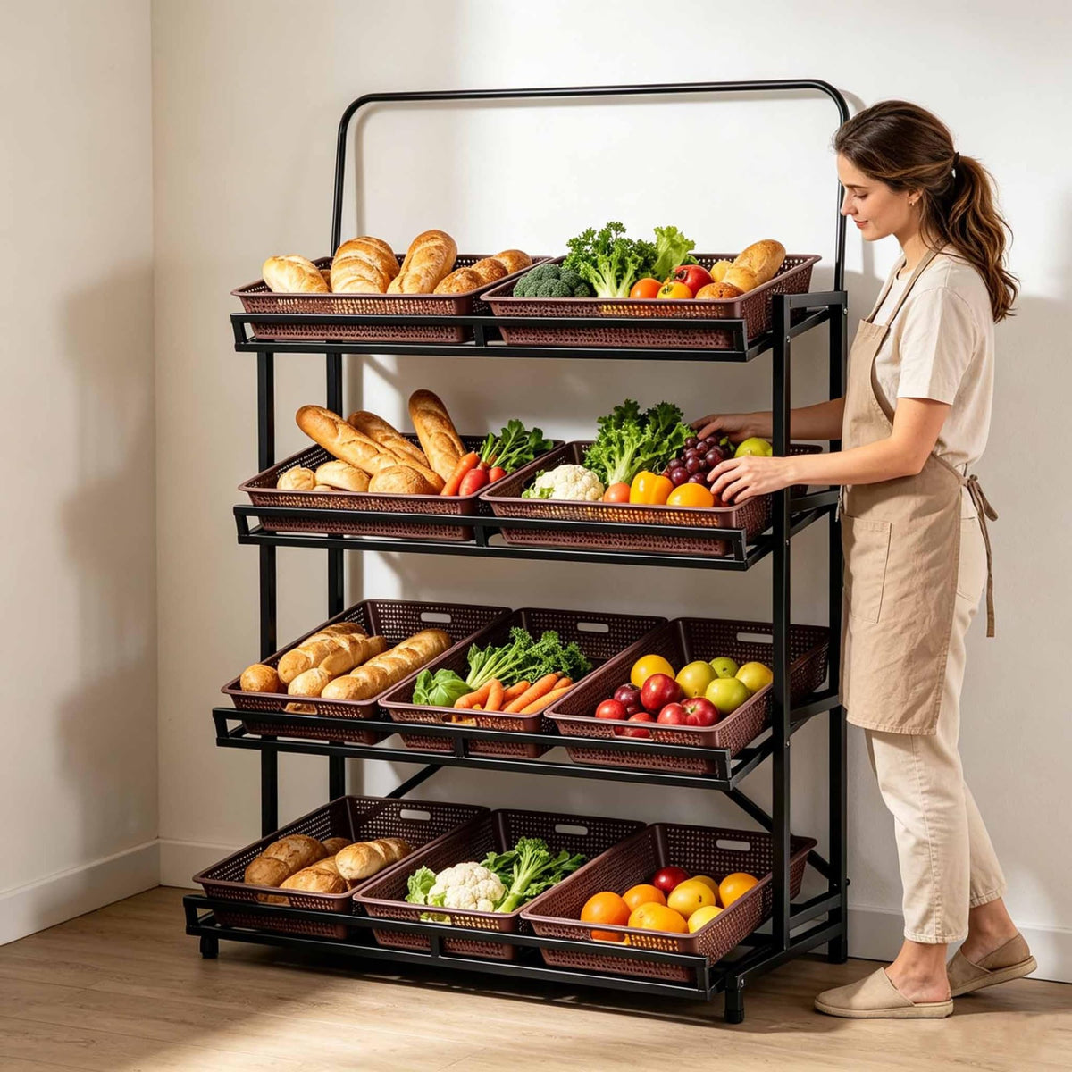 Dalumian Fruits & Vegetables Shelf, 4 Tier Metal Pantry Storage Organizer, Pantry Storage Organizer with 10 Removable Baskets for Snacks/Fruits/Tools (47.24 * 23.62 * 66.93in)