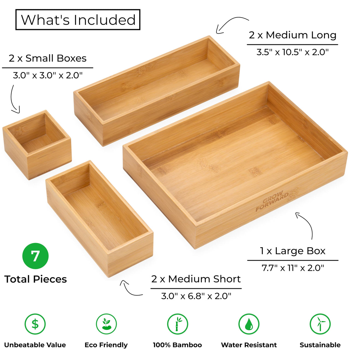 Grow Forward Bamboo Drawer Organizer Boxes - Wooden Drawer Organizers for Kitchen, Bathroom, Office, Desk, Vanity, Makeup - Non-Slip Junk Drawer Organizer Trays for Storage and Organization