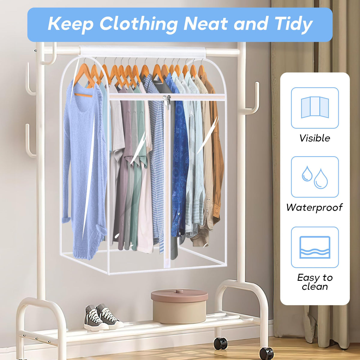 KEETDY Hanging Garment Bags for Closet Storage Large Clear Window Hanging Clothes Storage Garment Rack Cover Coat Protector for Suit, Wardrobe, Bottom Enclosed