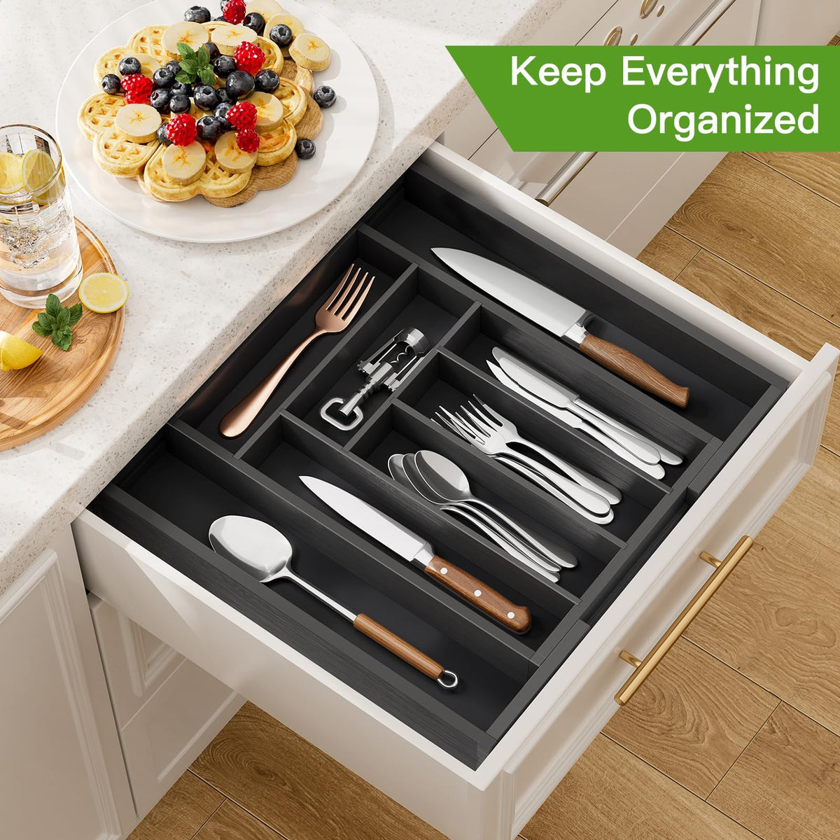 Pipishell Bamboo Silverware Organizer, Expandable Cutlery Tray