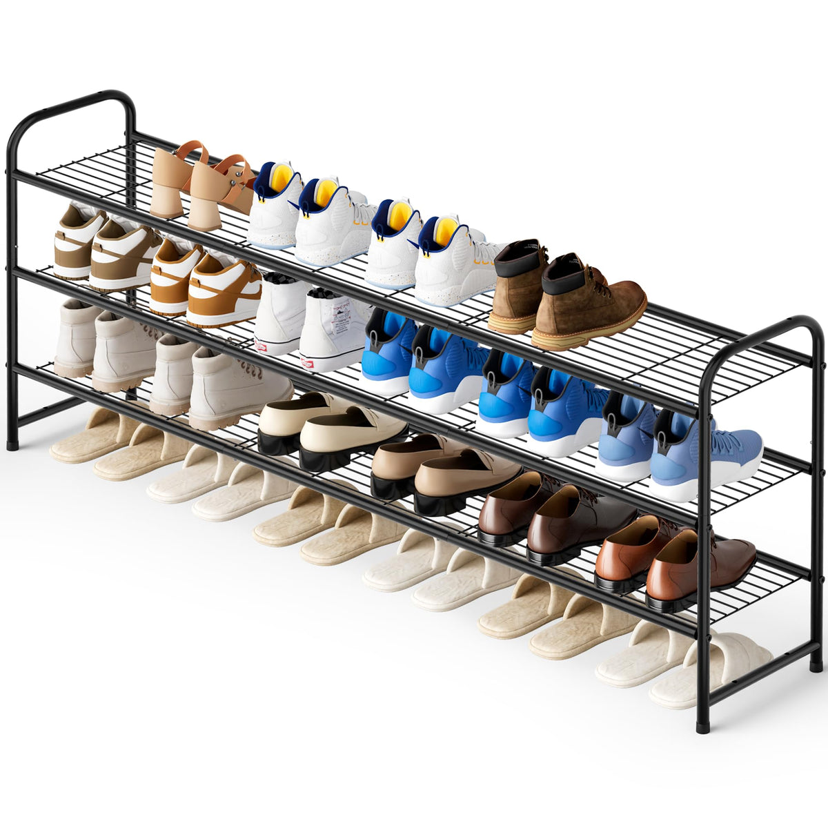 KEETDY 3-Tier Long Shoe Rack for Closet Metal Shoe Organizer for Entryway, Wide Stackable Shoe Storage Shelf with Sturdy Wire Grid for Closet Floor, Bedroom